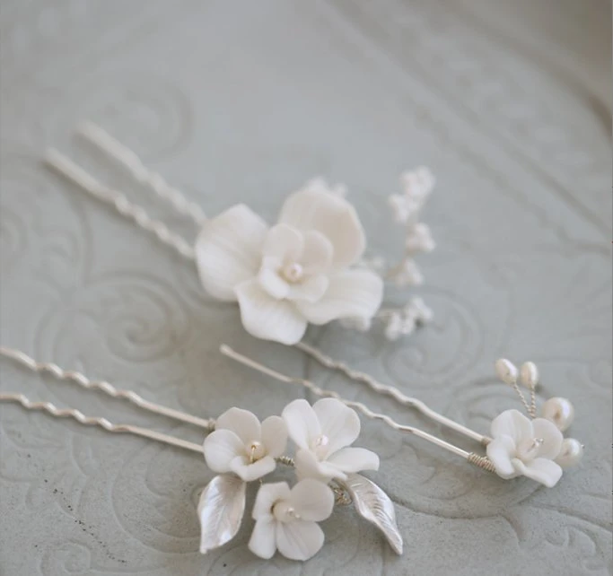 Natural Pearl Hair Pin, Wedding Porcelain Hair Stick. Bridal Hair Accessories 3PS/Set