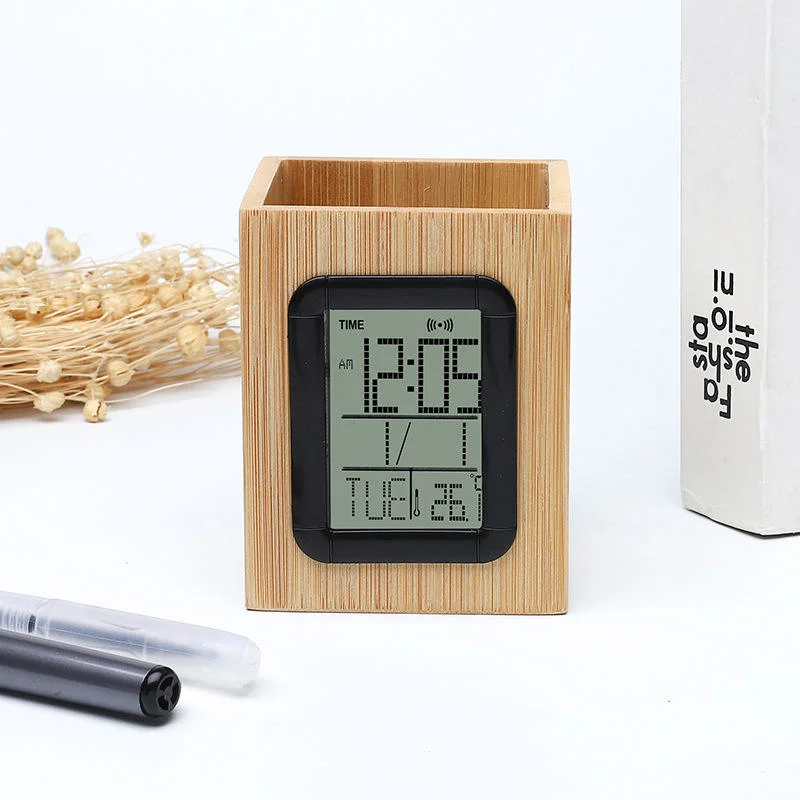 Promotional Gift Bamboo Pen Holder with LCD Digital Clock