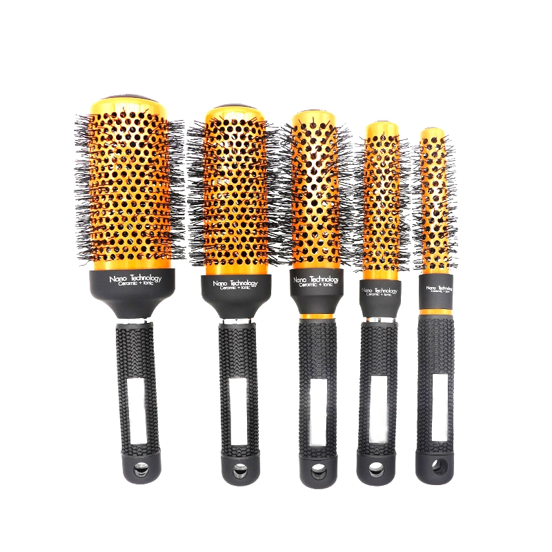 Custom Logo Round Hair Brush with Boar Bristles Nylon Thermal Nano Ceramic 2-in-1 Negative Ion Tech Professional Barber Salon