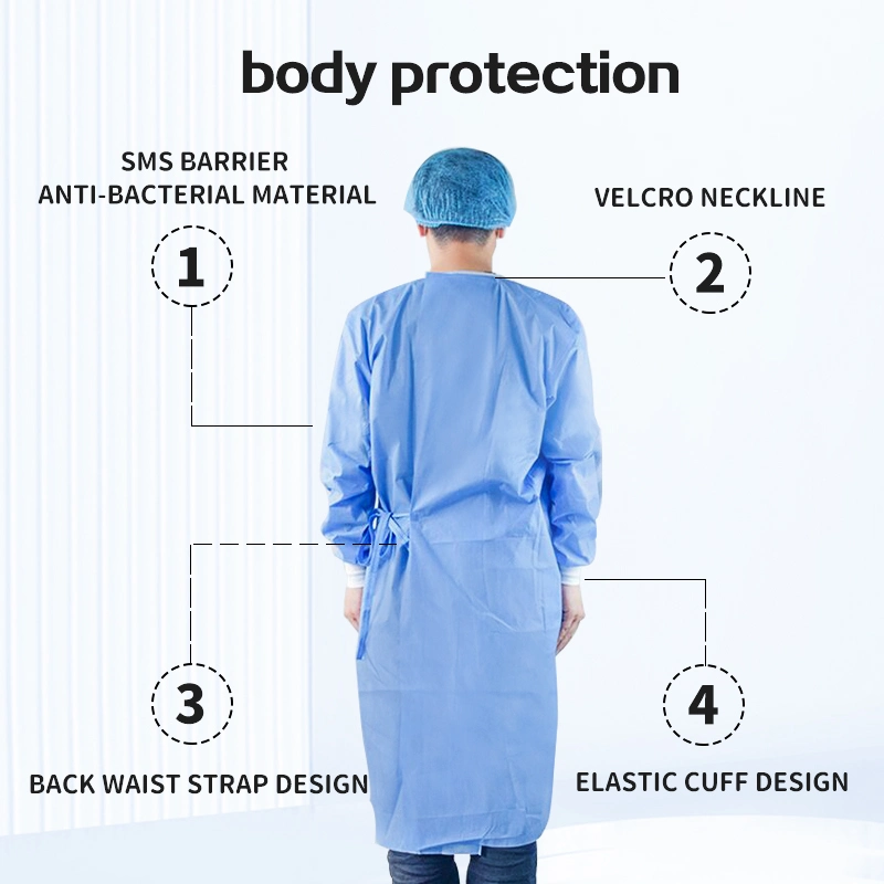 CE Factory Wholesale/Supplier Adult Blue 45GSM Disposable Medical Isolation Clothing SMS Fabric Surgical Gown