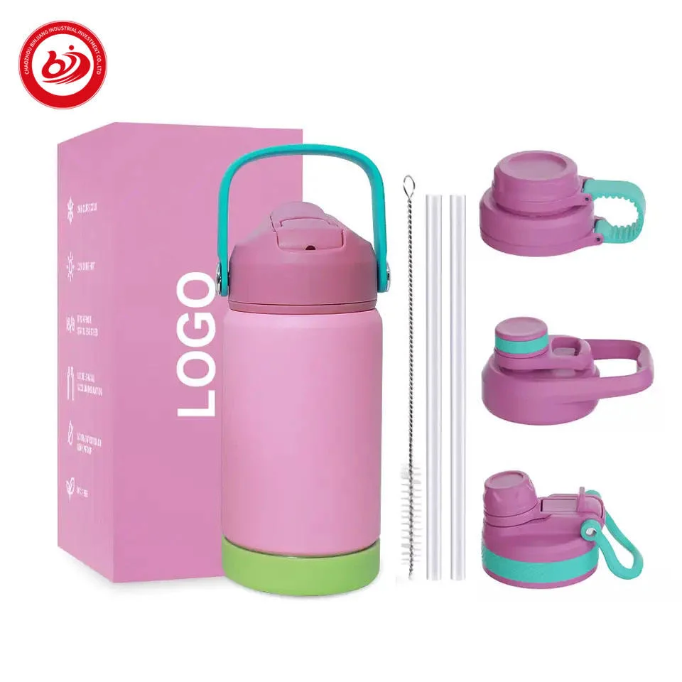 Eco Friendly Double Wall Cute Insulated Stainless Steel Water Bottle with Silicone Boot Straw for Kids Children's School