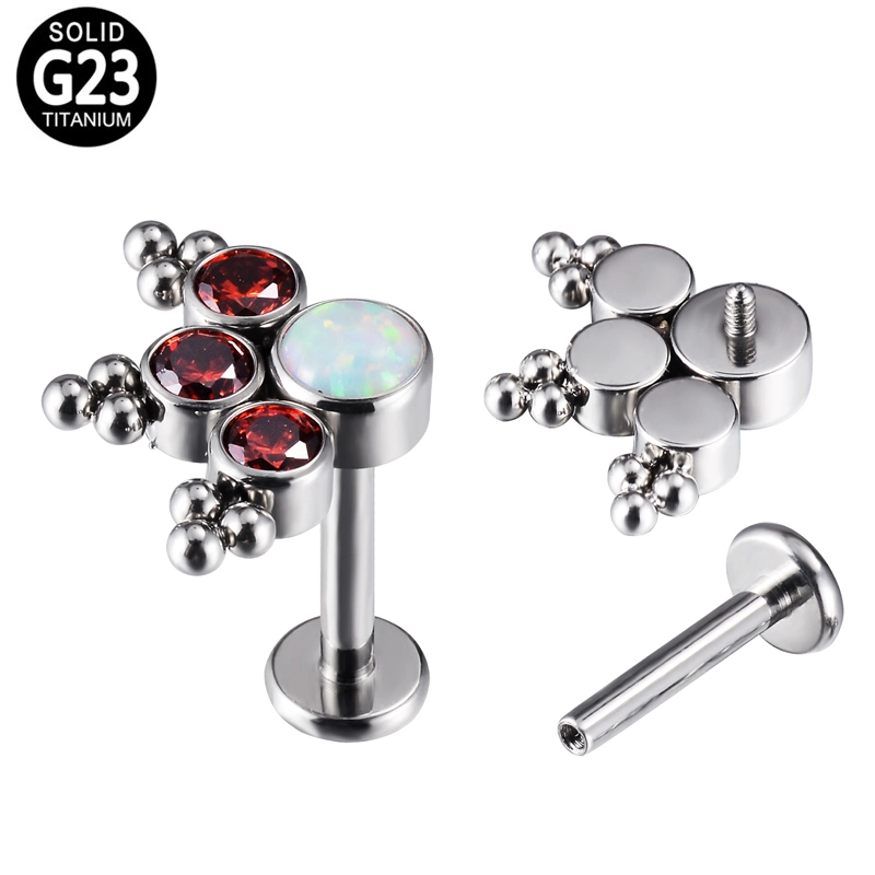 Hot ASTM F-136 Titanium 3 CZ Blaze con 3 Tri-Bead Cluster y centro de la piedra ópalo Labret Stud labio body piercing Joyería para Mujeres