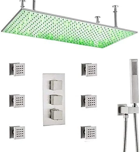 16x32 pouces douche extra large LED système douche thermostatique de plafond défini avec le corps de pulvérisation, Nickel brossé