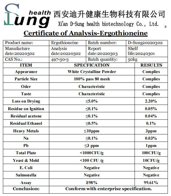 99% CAS 497-30-3 Ergothioneine Raw Materials Ergothioneine Powder Herbal Extract Ergothioneine