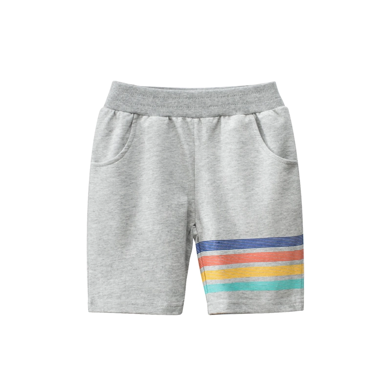 Shorts d'été décontractés confortables avec bande élastique en coton lavé pour garçon, rayures blanches sur la ceinture.