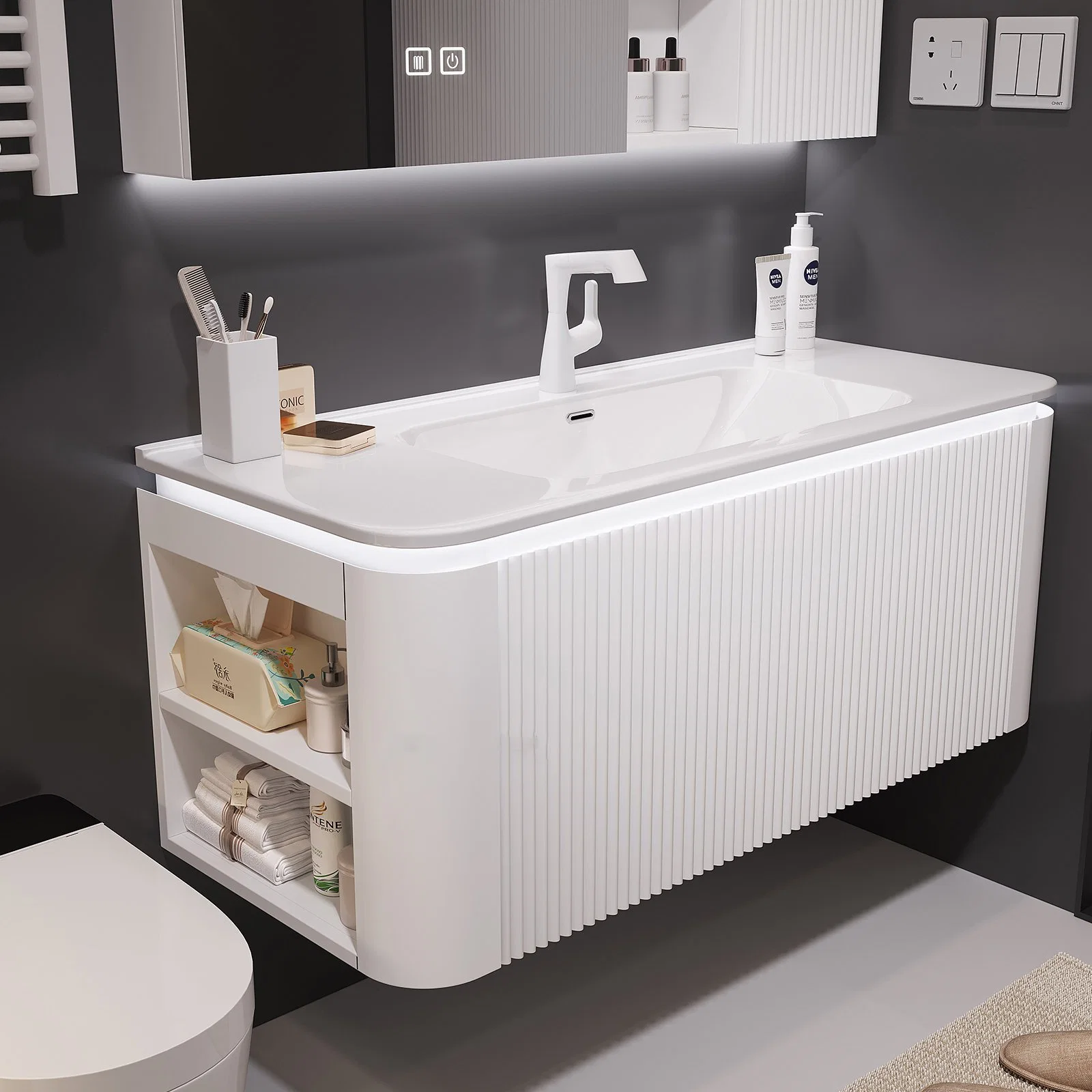 2022 Luxus Hotel Lieferant Modernes Design Spiegel Make-Up Eitelkeit Set Badezimmer Kosmetikschrank mit Waschbecken Badezimmermöbel