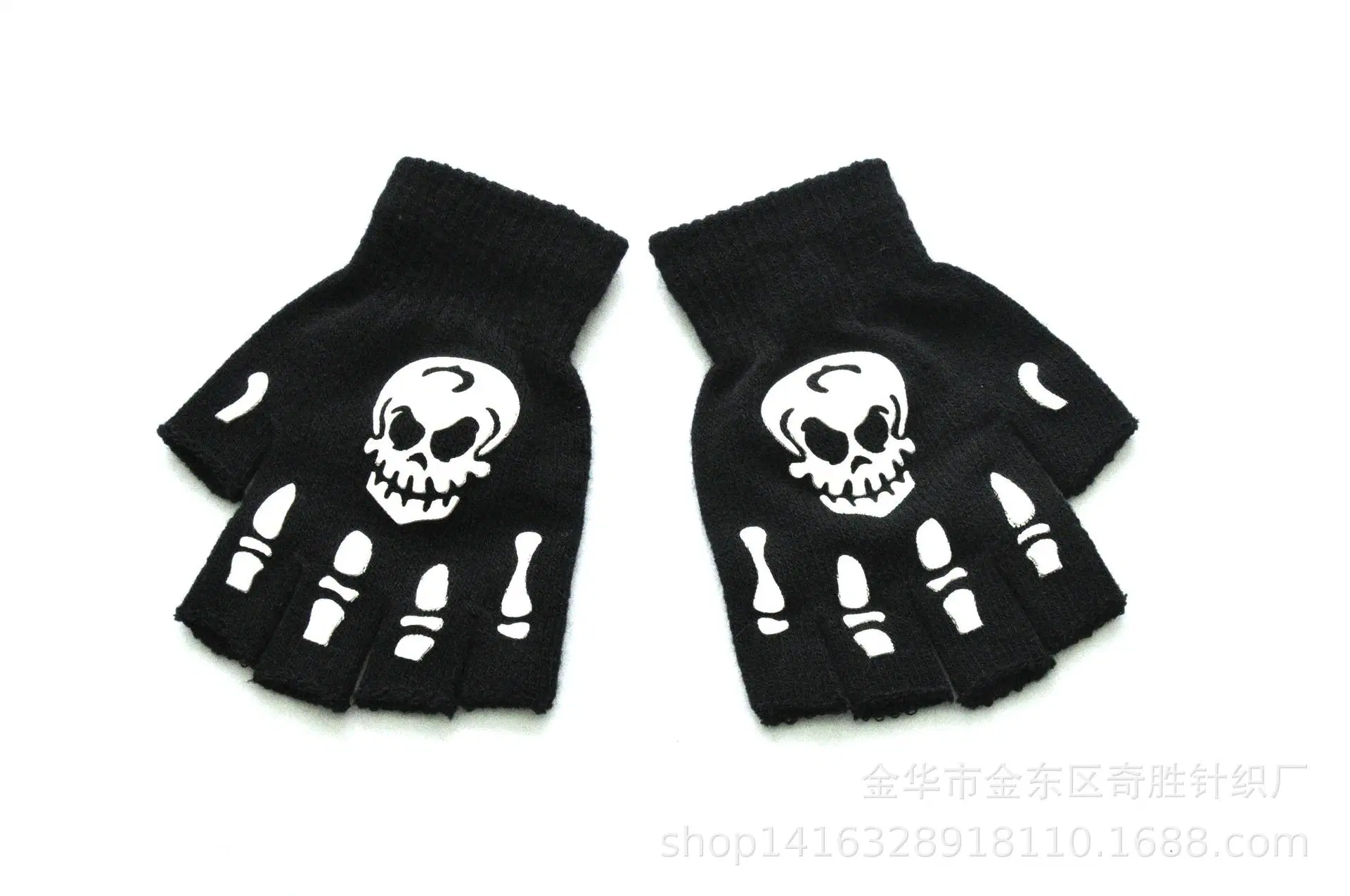 Winter Warm Knitted Half-Fingerhalloween Luminous Fluorescent Skull Hand Claw Printing Cycling Non-Slip Gloves