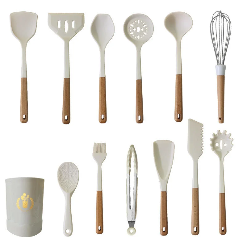 11 pièces en 1 ensemble silicone Home cuisine Accessoires cuisson Outils ensemble d'ustensiles de cuisine en silicone avec poignées en bois