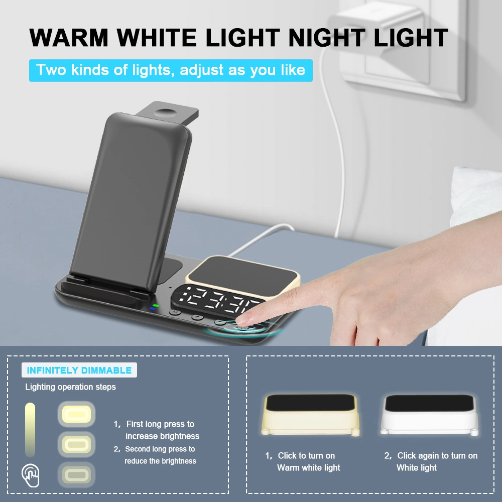 New Release Alarm Clock Wireless Charger with Lamp 5 in 1 Wireless Charger Station