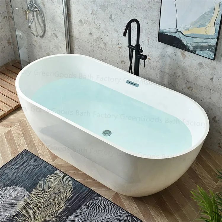 Center Drain Acrylic Oval Freestanding Soaking White Bathtub