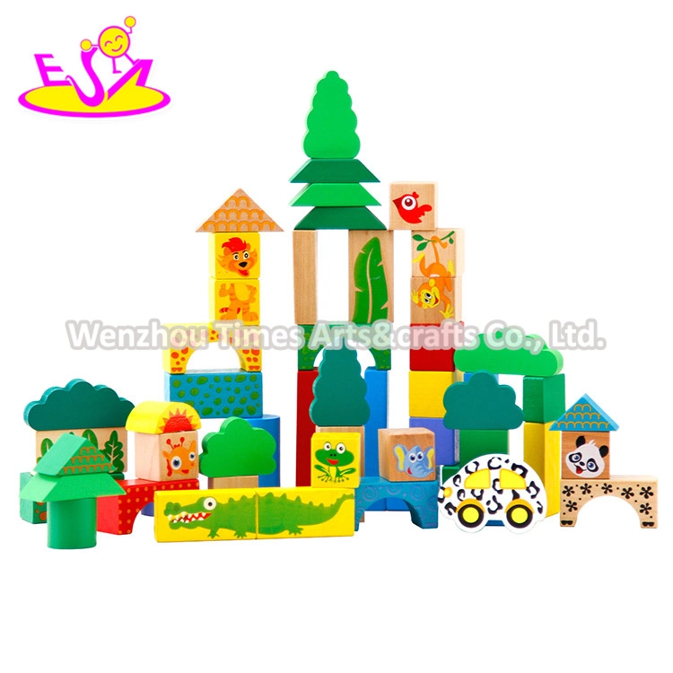 Wholesale Cheap 70 Pieces Funny Animal Pattern Wooden Kids Toy Blocks for Education W13b023