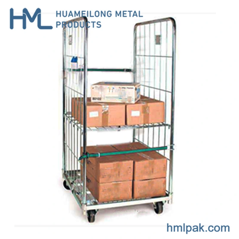 2 Sided Warehouse Collapsible Wire Mesh Roll Container Trolley Supplier