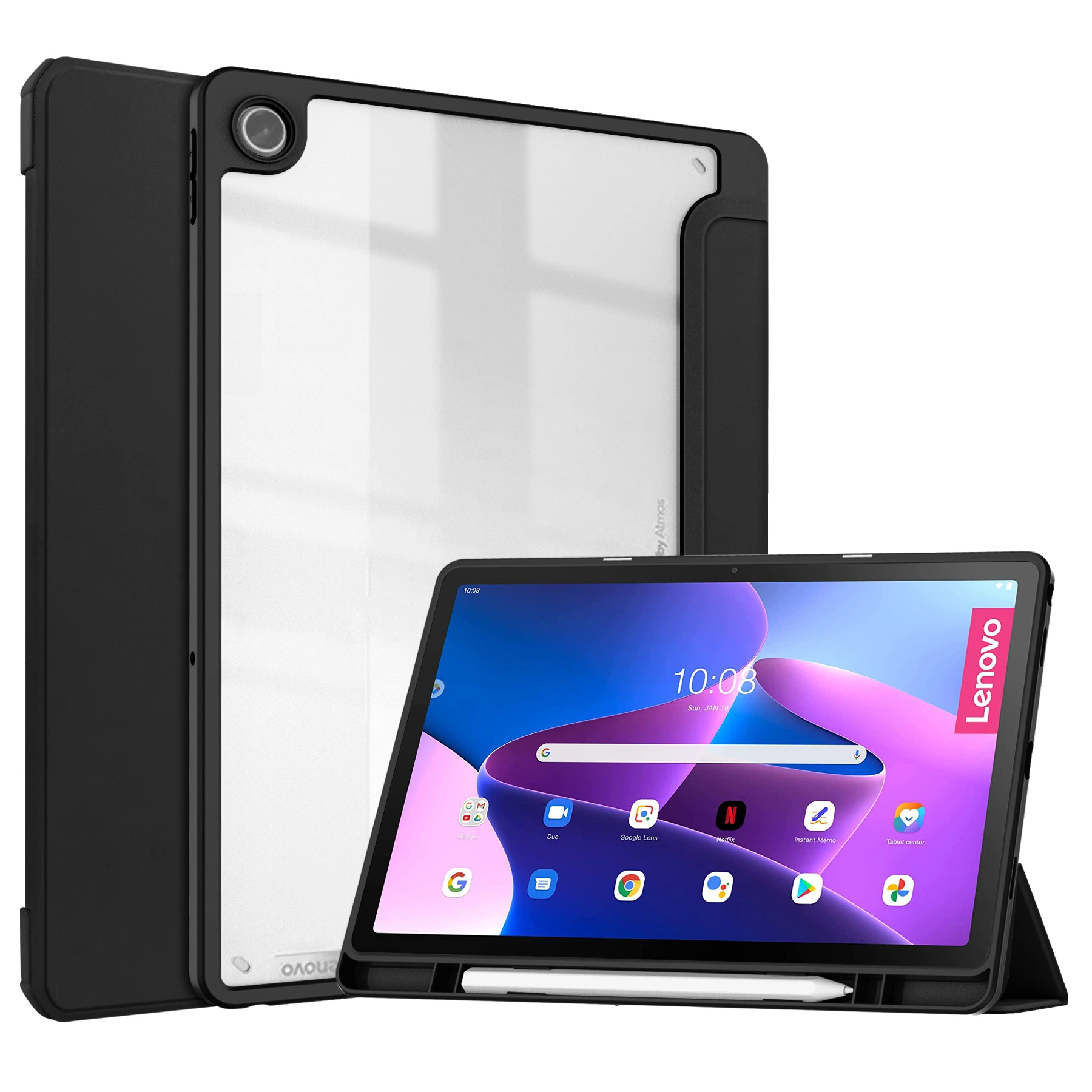 Slim Stand Transparent Back Cover with S Pen Holder for Lenovo Tab M10 Gen3 10.1 2022 Tb-328f