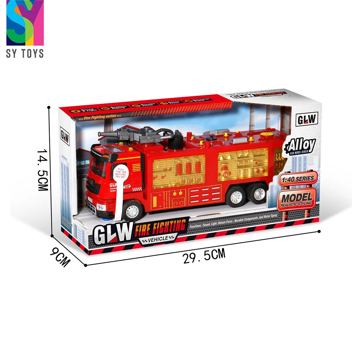 SY Toys Precio barato 1: 40 miniatura aleación tirón trasero vehículo Fuego Motor Escalera camión Modelo Metal niños Die Casting coches Juguetes con sonido