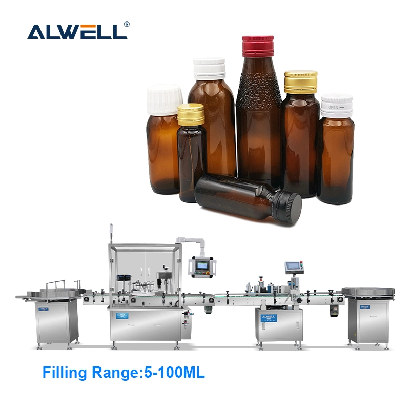 Automatic 4 Head Linear Type Glass Bottle Aluminum Syrup Cosmetic Oil Filling Sealing Machine