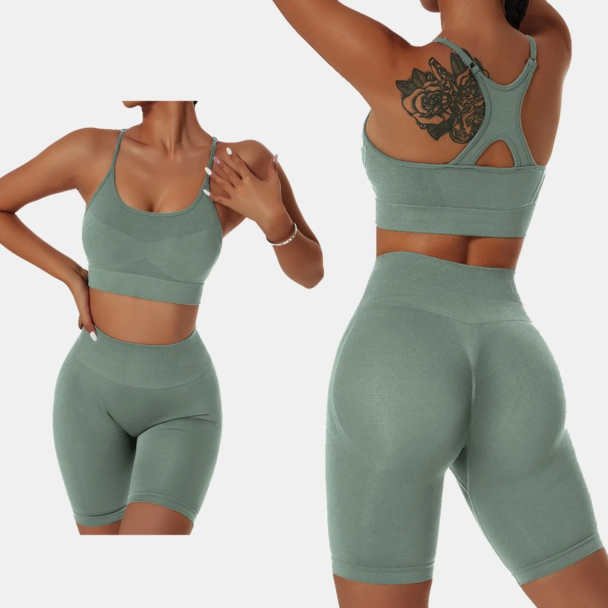 2pcs Nahtloses High Stretch Strappy Gym BH Scrunch Butt Yoga Shorts Fitness Damen Sportswear