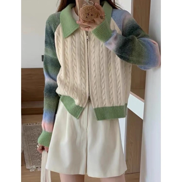 Nnr Korean Zipper Emerald Green Turn Down Collar Plaid Girl Свитер