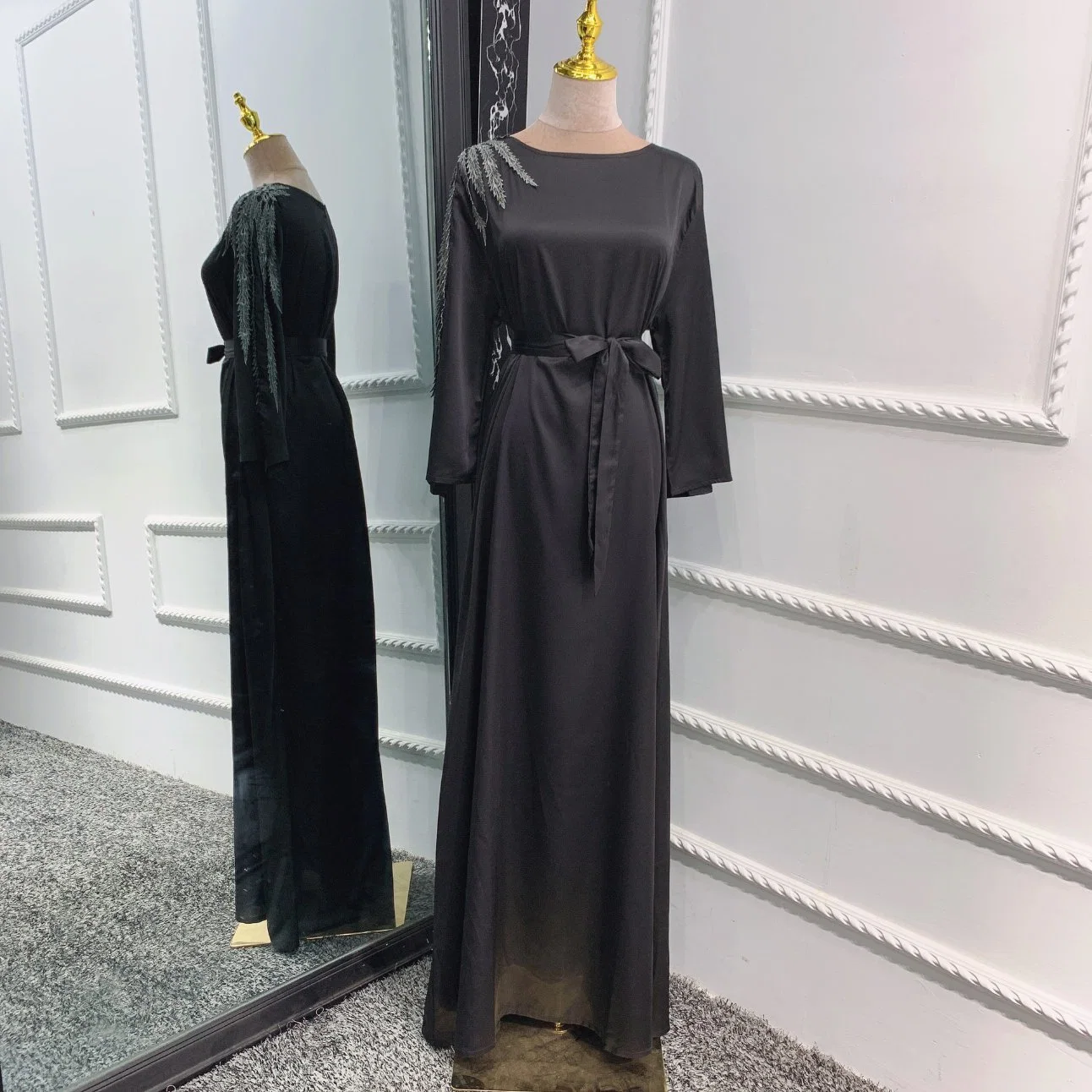 La Seda de la mujer Weimei Kaftan Abaya musulmán Vestido de manga larga y corbata Flowy Auto Maxi Dress vestido de noche islámica