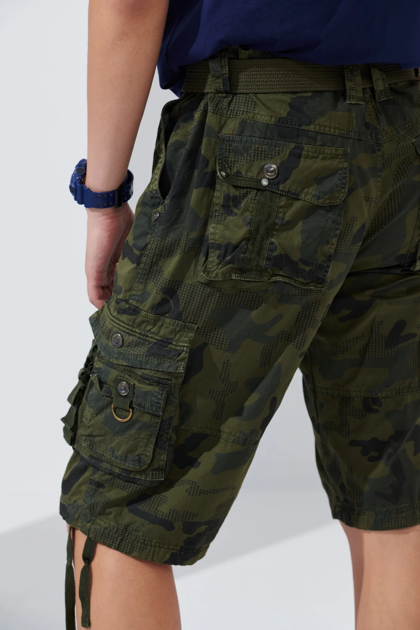 Wholesale/Supplier Fashion High quality/High cost performance  Green Camouflage Zip Belt Pants Men Cargo Shorts