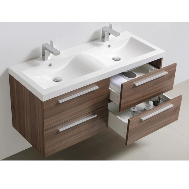 Simple Wood Grain Wall-Hung Restroom Cabinet Double Integrated Basin Bathroom Vanity