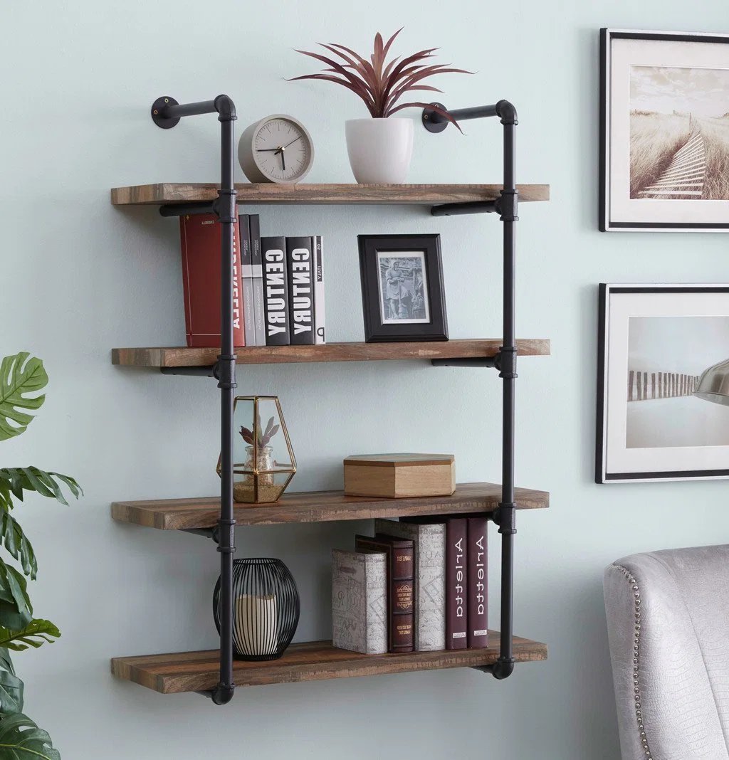 Industrial Pipe Shelf Wood Shelves Wall Mounted, Metal Pipe Shelves Floating Book Shelves, Steampunk Wall Shelves for Office