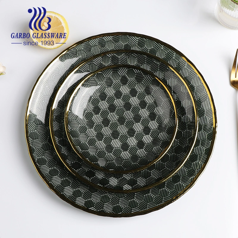 Handmade Gift Item High-End Golden-Plating Luxurious Colored Glass Plate with Customized Design Golden Rim for Hotel Wedding Party Use