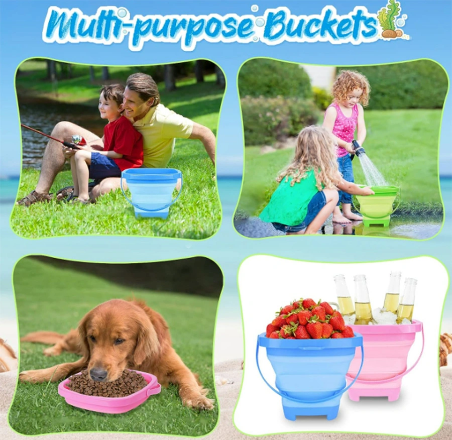 Collapsible Foldable Beach Buckets Beach Toys with Mesh Bag & Sand Molds