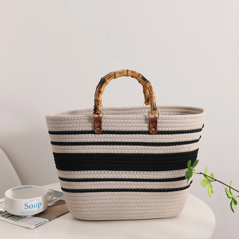 Striped Large Capacity Cotton Yarn Braided Bag New Imitation Bamboo Section French Retro Grass Braided Bag Portable Beach Bag Women&prime; S Bag