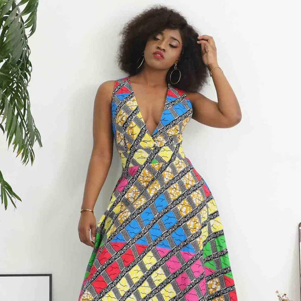 African Style Ankara Pattern Women Deep-V Neck A-Line Sexy and Casual Dress