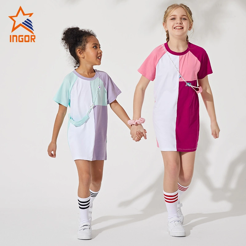 Ingorsports Custom Wholesale Activewear Kids Contrast Color T-Shir Causal Skirt for Kids Sports Wear