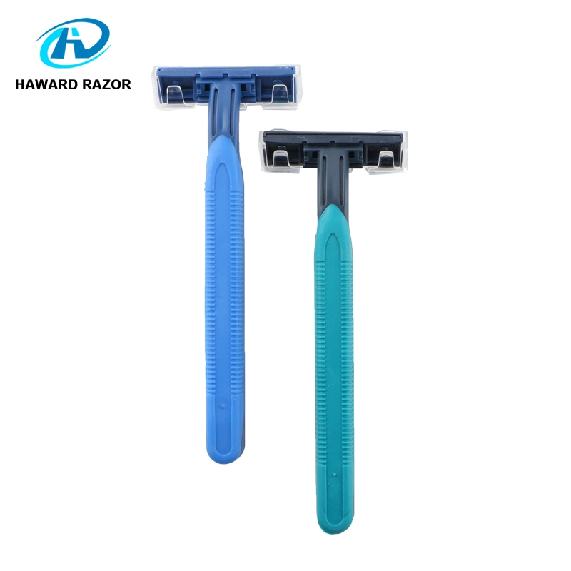 Twin Blade Disposable Shaving Razor Rubber Handle with Lubrication Strip