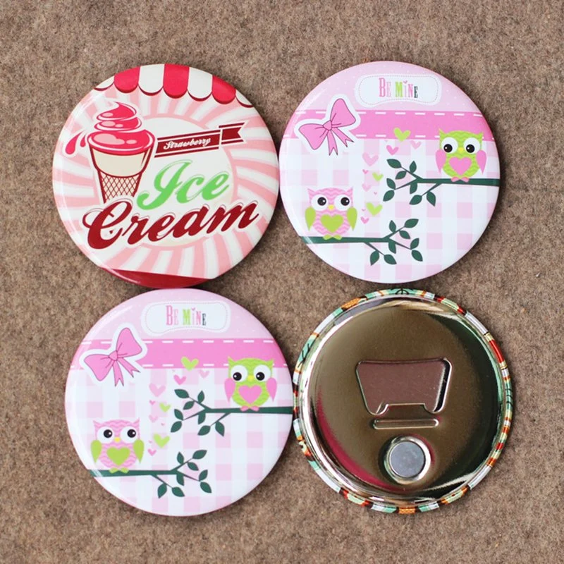 Custom Logo Printed Metal Tin Plate Fridge Magnet Beer Bottle Opener Tinplate Button Mirror Pocket Makeup Mirror Badge