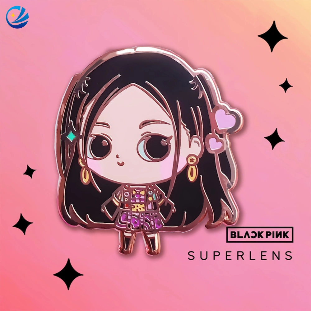 Pin Maker Custom Hard Metal Korean Cute Girl Lapel Pin Badge Black Nickel Plated Kpop Idol Group Black Pink Beauty Enamel Pin