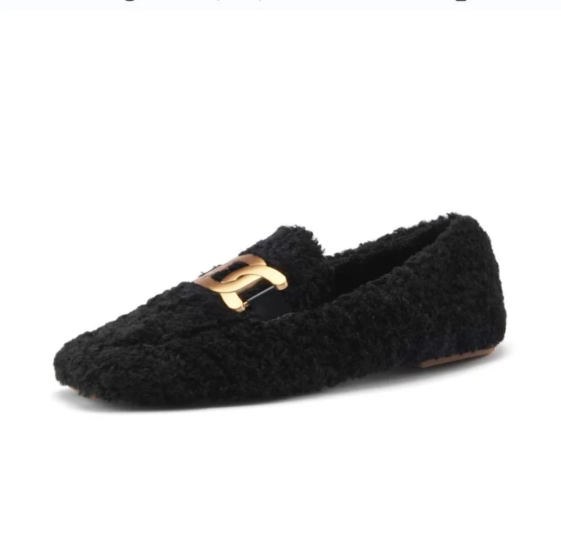 Warm Beige Wool Female Shoe Metal Chain Fake Lamb Fur Flat Winter Women Loafer