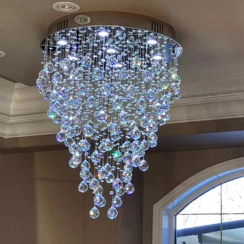 Хромированный круглый светодиодный потолочный светильник с кристаллом Chandelier Chandelier современный Подвесной светильник с небольшой подсветкой и дождевым падением