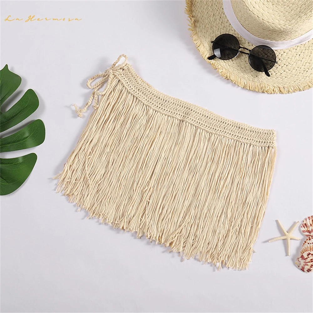 Fashion Ladies Beach Skirt Knitted Hand Hook Long Tassel Hula Dance Skirt Bikini Outside Short Skirt Wholesale/Supplier Swimwear Cover-up Stcy0619