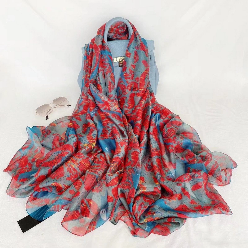 Autumn Fashion Floral Print Long Silk Feeling Scarf for Ladies