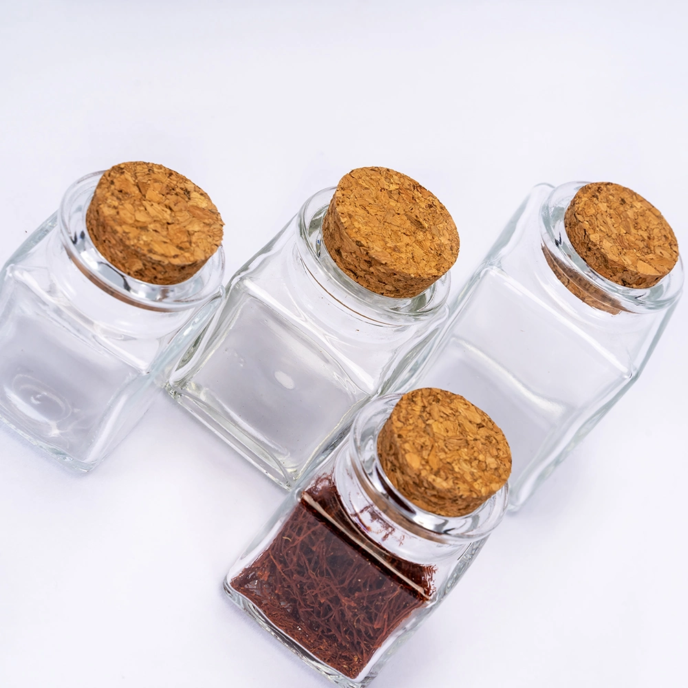 Mini 50ml Square Cork Lid Clear Glass Spice Packaging Bottle Jar for Spice Powder Dried Saffron