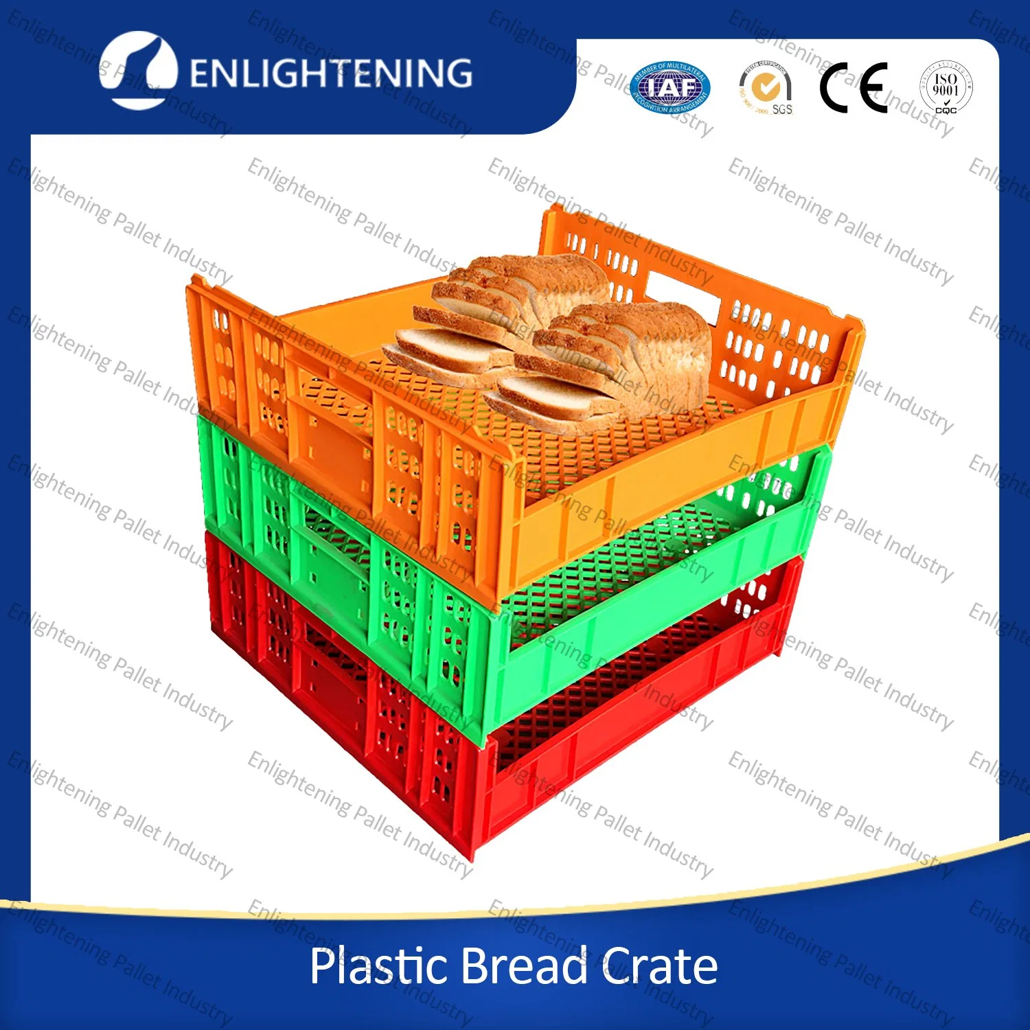 725X650X150mm Heavy Duty Food Grade Hygenic Mesh Vented Large Big Grey Blue Bakery PP Stackable Plastic Bread Crates for Transporting Bread and Pastry Sale