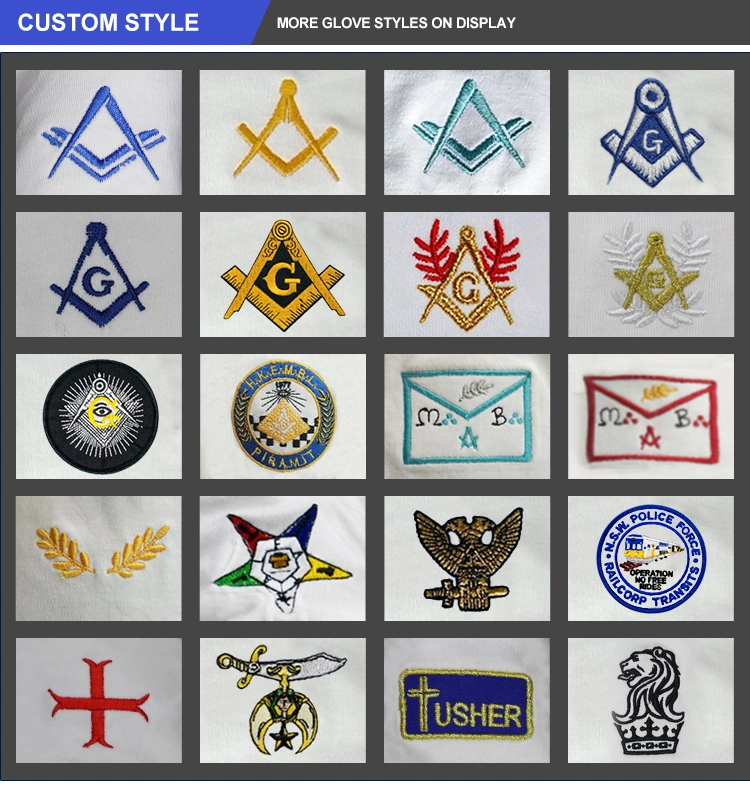 Hochwertige Weiß Bequem Wiederverwendbar Leicht Formell Blau Quadrat Kompass Masonic Symbol Zeremonien Bestickte Baumwollhandschuhe