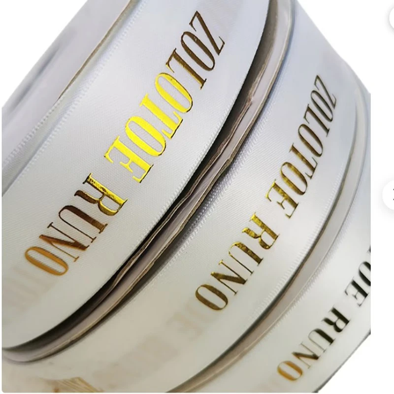 Wholesale 1 Inch Custom White Satin Polyester Grosgrain Ribbon Gold Foil Printed Logo Ribbon for Packing