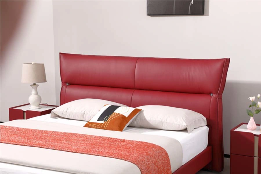 Modern Bedroom Furniture Set Dormitory Hotel Red Nappa Leather Twin Bed