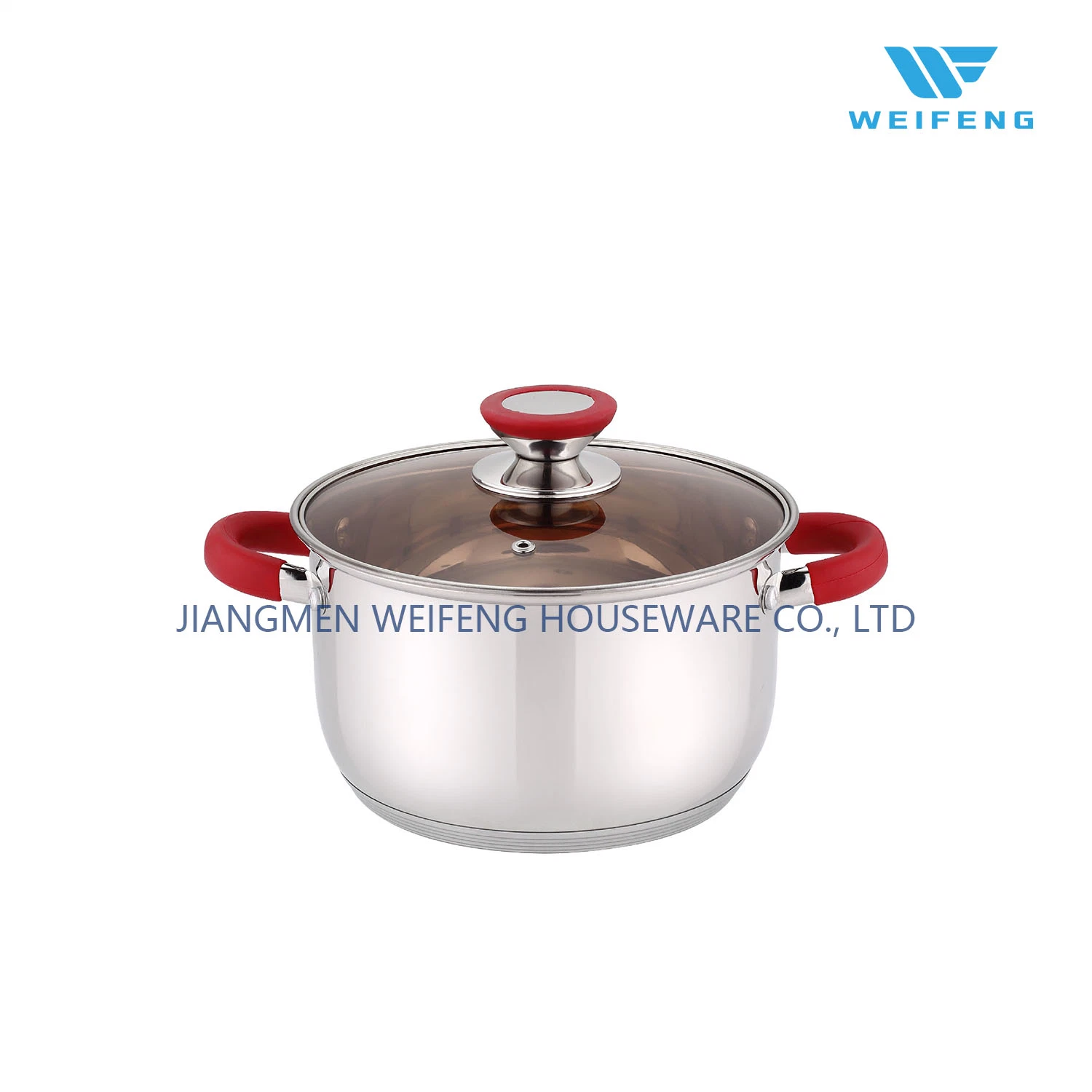 Red Silicone Riveted Handle, Stainless Steel Cookware with Brown Class Lid