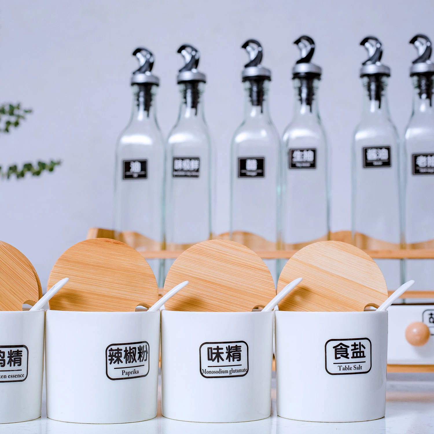Keramik Gewürzbox Set mit Glasölflasche Küche Bambus Gewürzregal