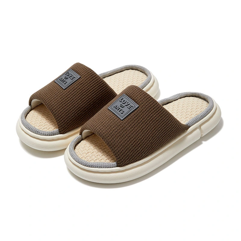 Waffle Fabric Cotton Linen Slippers Thick-Soled Non-Slip All Seasons Soft Bottom Shoes