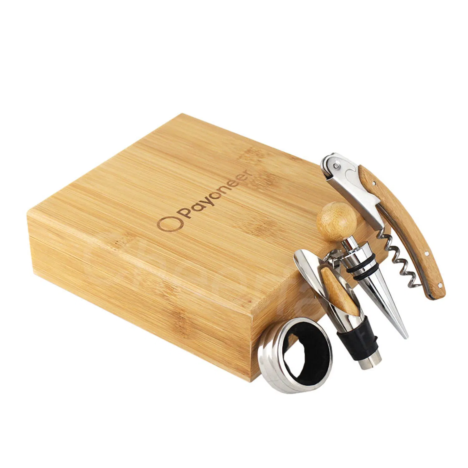 Eco-Friendly Bamboo Wooden Box Accessories Kit Wine Bottle Corkscrew Accessory Set and Red Wine Gift Set