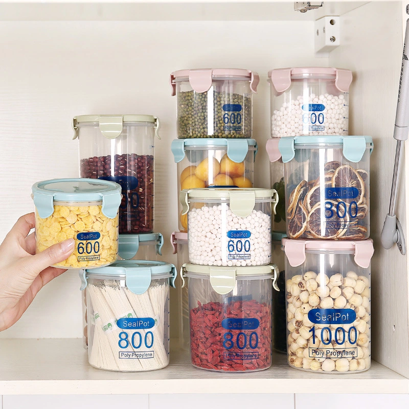 Caixa de armazenamento de grãos de plástico selada para cozinha, armazenando alimentos, latas de leite em pó e recipientes.