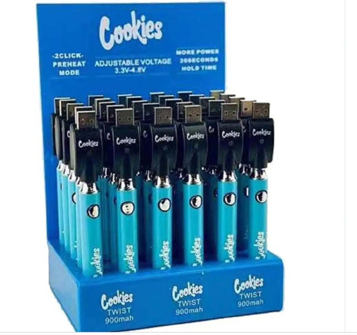 Cookies Twist 510mA /900mA tension ajustable Vape Pen batterie avec 30CT boîtier d'affichage tension variable stylo batterie