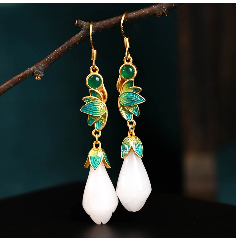 Chinese Design Cold Enamel Craft Jade Retro Earrings