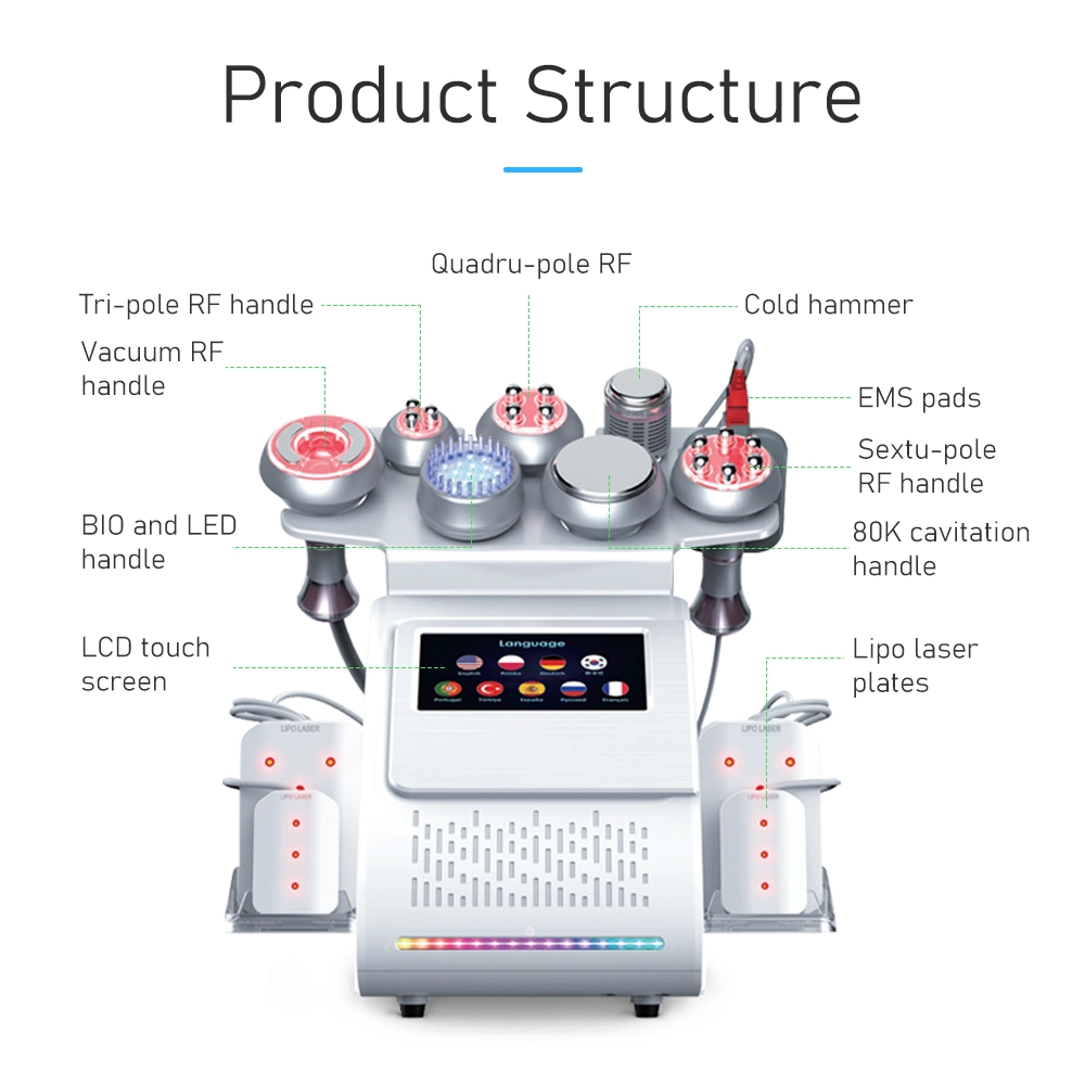 جهاز الاستلقاء متعدد الوظائف لسعة الجسم تنحيق الجسم RF Bio Lipo إزالة الفراغ 9 In1 جهاز العلاج بالموجات فوق الصوتية 80K بالموجات اللاسلكية